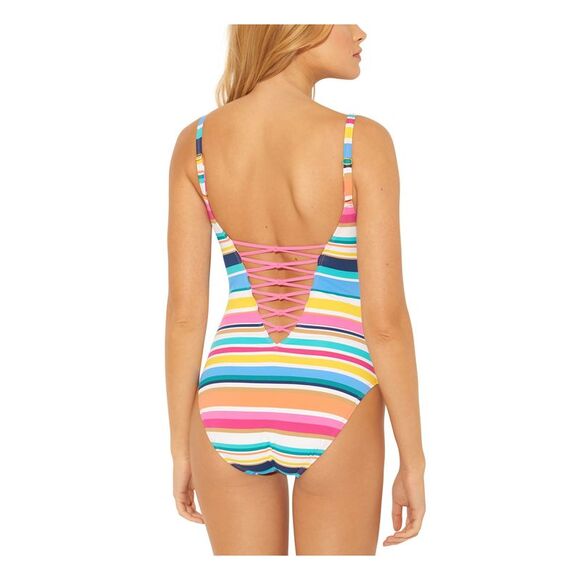 BLEU Women's Pink Multi-Stripe Strappy Removable Cups One Piece Swimsuit 14 - Picture 2 of 2